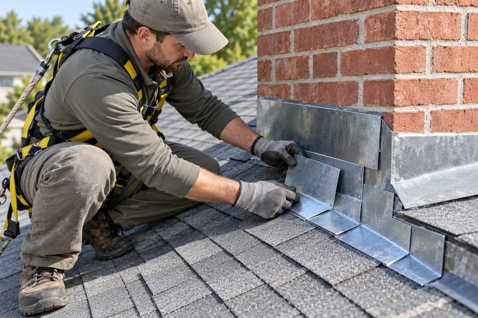 AI illustration of a harnessed model positioning metal flashing beside a brick chimney