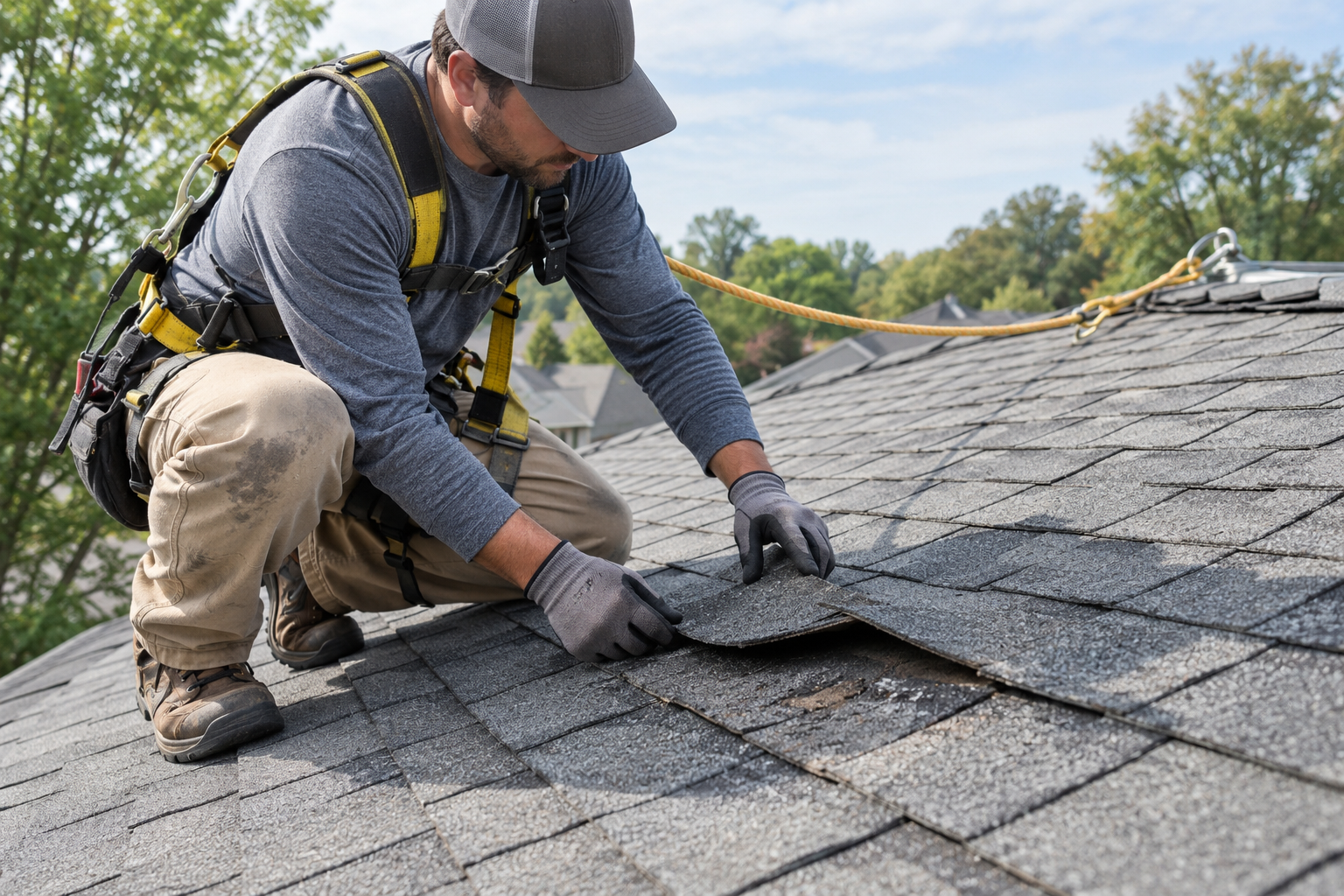 AI illustration of a harnessed model inspecting a damaged asphalt shingle